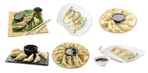 Tasty boiled gyoza (dumplings) on white background, collage
