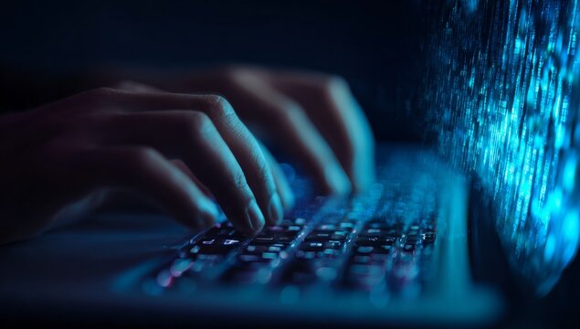 Anonymous programmer's hands typing on a laptop keyboard at night, with a blue glow from the screen representing digital data flow.