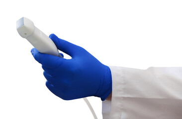 Sonographer holding ultrasonic transducer on white background, closeup. Medical equipment