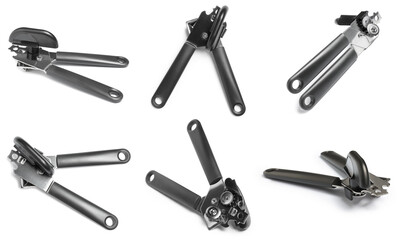 Can opener isolated on white, collage. View from different sides