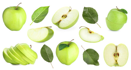 Fresh green apple fruits and leaves isolated on white, collage