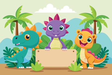 Naklejka premium Three Cartoon Dinosaurs Holding a Blank Sign in a Tropical Landscape