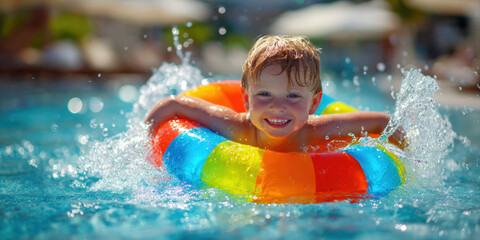 A cheerful child, looking at the camera and waving, enjoys floating in a vibrant rainbow-colored inflatable ring in a bright blue swimming pool, radiating pure summer happiness