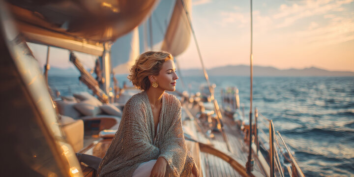 A captivating image of beautiful woman aboard sailing yacht, bathed in warm glow of sunset. She looks out at the calm ocean, distant land, embodying luxury travel, relaxation, an idyllic summer escape