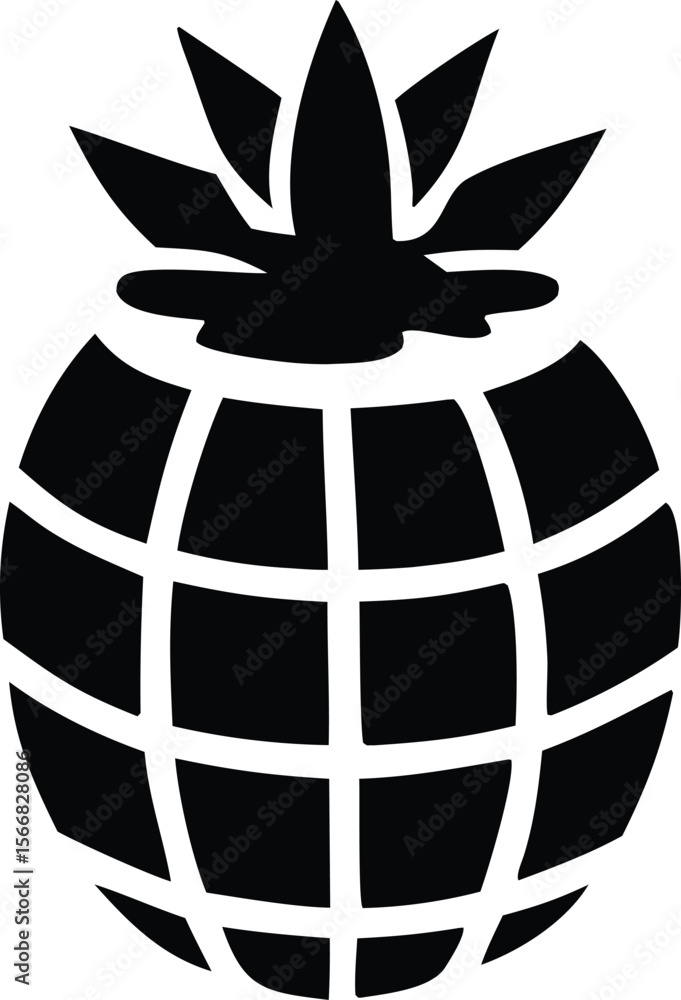 Poster stylized black silhouette of a pineapple with a globe pattern on its body and sharp green leaves on 