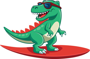 Cartoon Tyrannosaurus Rex Surfing with Sunglasses on a Red Surfboard