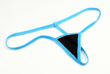 Women's sexy blue thong panties on a white background. 