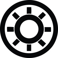 A stark black and white graphic icon featuring a central circle surrounded by a ring with evenly spaced rectangular spokes radiating outwards
