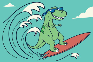 Cool Dinosaur Surfing on a Wave with Sunglasses and a Smile