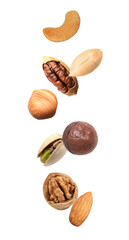 Peanut and other nuts falling on white background