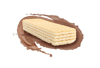 Tasty wafer and chocolate milk splash in air against white background