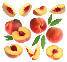 Ripe juicy peaches and green leaves on white background, collage