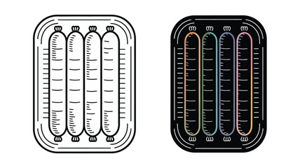 Illustration of four sausages in a tray with black and white and color variations side by side