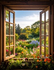 Open window framing a vibrant, sunlit flower garden and sky