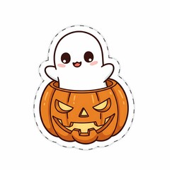 Fototapeta premium Adorable Cartoon Ghost Emerging from Carved Halloween Pumpkin Sticker Style.