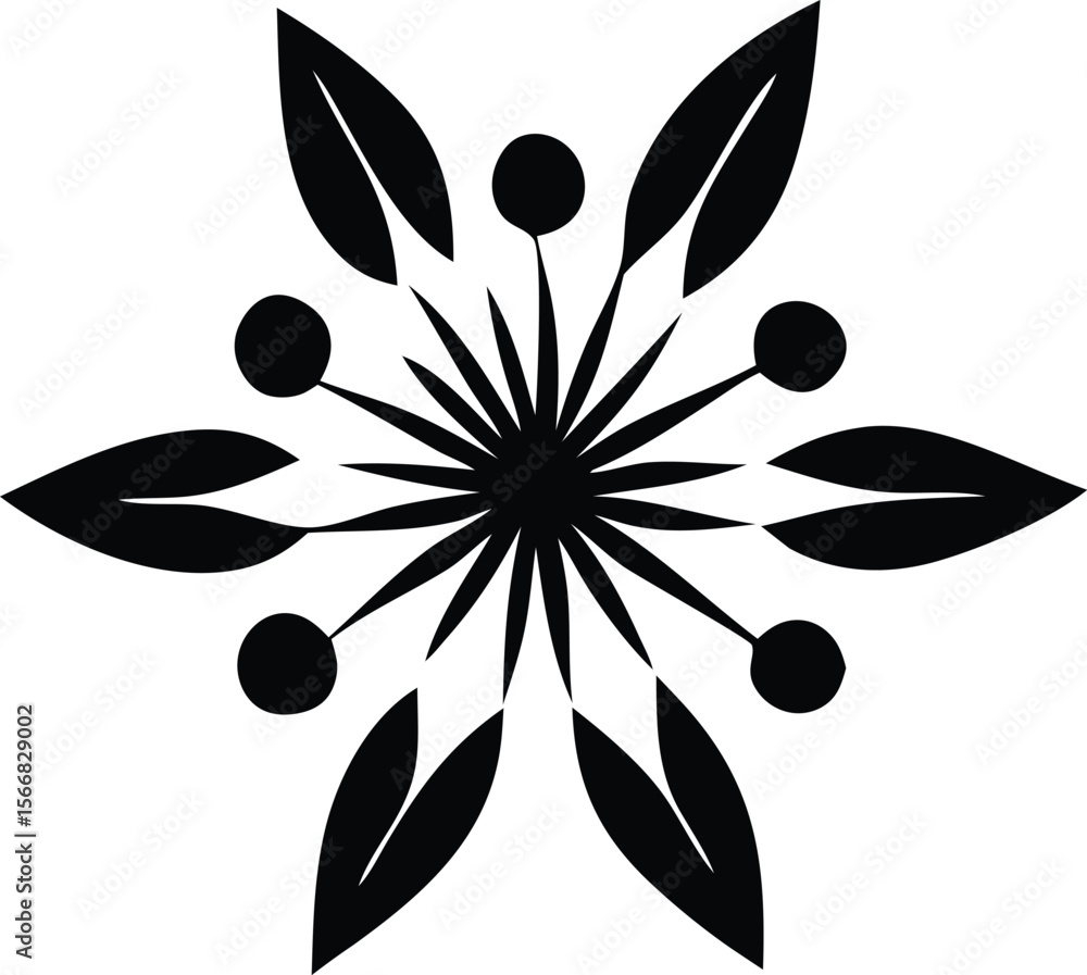 Poster a striking black and white graphic design features a symmetrical starburst pattern with pointed peta