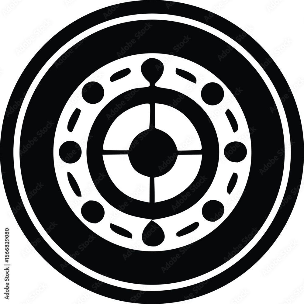 Poster abstract circular black and white design featuring concentric rings and geometric shapes with a cent
