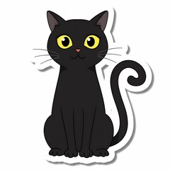 Fototapeta premium Cartoon Black Cat Sticker with Yellow Eyes Sitting Isolated on White.