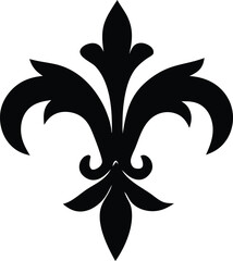Elegant black silhouette of a stylized fleur de lis emblem with curved petals and a central leaf shape © PureVector Lab