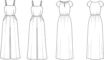 Jumpsuit and dress fashion sketch collection, spaghetti strap and short-sleeve designs, gathered waists, wide legs, front and back views, technical drawing
