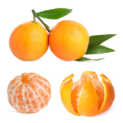 Tangerine fruits and leaves on white background, set