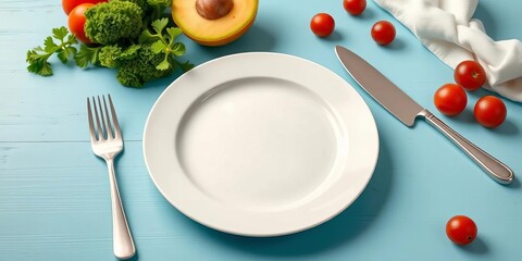 Empty plate, fork, knife on light blue table Clean eating, healthy diet concept, weight loss, food