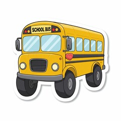 Cartoon School Bus Sticker Yellow Vehicle with Heart Isolated on White.
