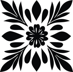 Intricate black and white floral mandala design with symmetrical petals and leaf motifs