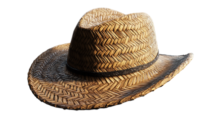 A sun weathered straw cowboy hat whispers tales of dusty trails and open skies on a dark on transparent background