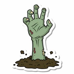 Cartoon Zombie Hand Rising from the Grave Sticker Illustration.
