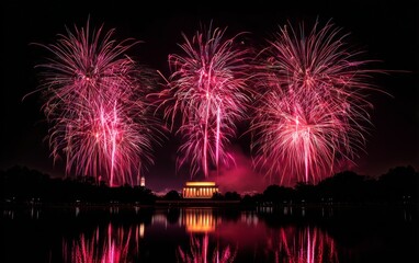 Spectacular Fourth of July Fireworks Display Illuminates the Night Sky Over the Lincoln Memorial Reflected in Water