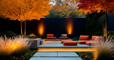 A serene autumn garden with minimalist landscaping, surrounded by ochre and brown foliage