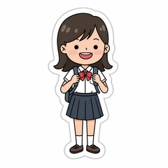 Cheerful Schoolgirl in Uniform Cartoon Sticker Design with Backpack.