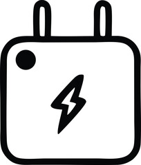 Simple black and white hand drawn icon of a power adapter with a lightning bolt symbol indicating electricity and charging capabilities