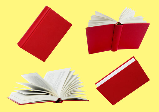 Red hardcover book against yellow background, collage