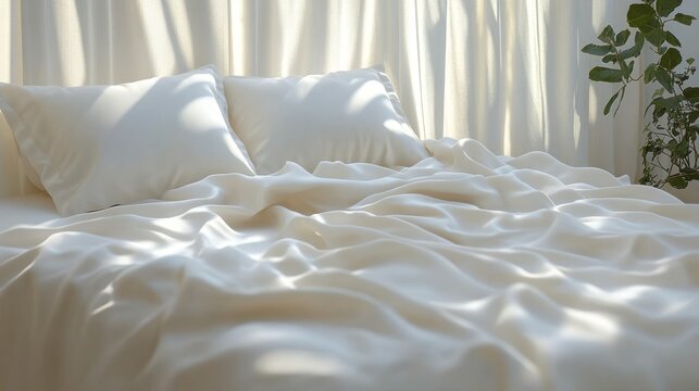 Soft morning light falls on crisp bed linens in a serene bedroom setting - Powered by Adobe