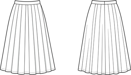 Pleated skirt sketch collection, technical drawing of uniform and wide pleats design, fashion template, knee-length garment illustration, front and back view