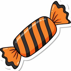 Halloween Candy Cartoon Sticker of Orange and Black Striped Wrapped Sweet.