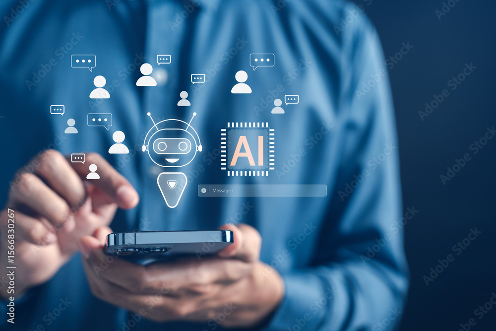 Poster ai chatbot assistant technology for communication, customer support, and user interaction via smartp