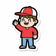 Joyful Cartoon Boy Waving Red Shirt and Cap Sticker Style Illustration.