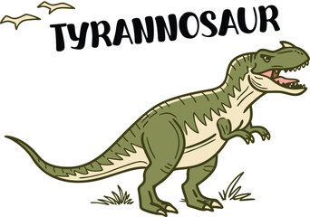 Obraz premium Cartoon Tyrannosaurus Rex Illustration with Birds and Grass on White Background