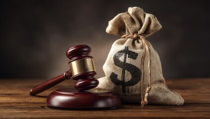 Conceptual image of a judge's gavel and a money bag, representing financial law, legal settlements, and court auctions.