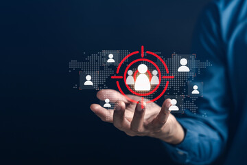 Customer relationship management CRM strategy concept with target audience and human over global...