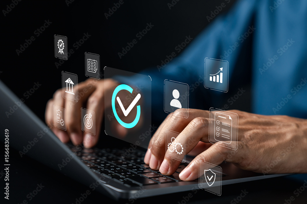 Aufkleber Digital checklist system task management, document verification, and workflow automation. Perfect for business operations, quality assurance, and data processing concepts.