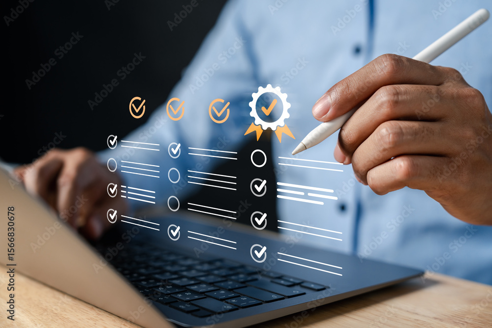 Poster digital form signing with quality assurance checkmarks, signature, secure document validation, and o