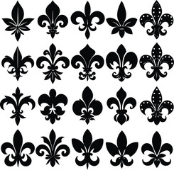 A collection of diverse black fleur de lis symbols showcasing various ornate designs and decorative elements on a white background © PrimeVector Art