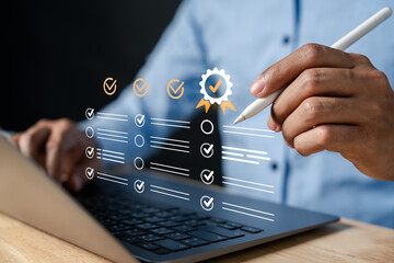 Digital form signing with quality assurance checkmarks, signature, secure document validation, and...