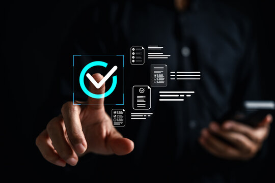 Online survey and digital form verification with approval workflow system, highlighting smart data processing, secure document management, and seamless interaction in a virtual interface.