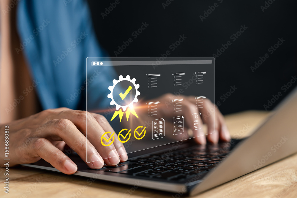 Aufkleber digital quality certificate with checklist documents. online verification, approval process, complia