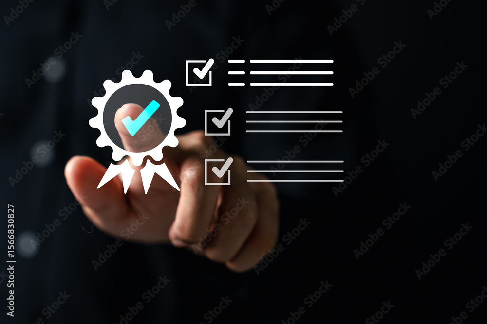 Poster Quality guarantee check digital certification and checklist for approval process, assurance system, and task verification workflow.